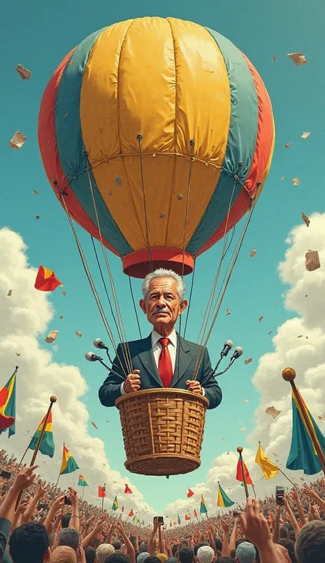 Create a caricatured illustration of Luiz Inácio Lula, the President of Brazil, with exaggerated features, placed in a surreal setting. Imagine the character piloting a hot air balloon made of symbols of power, with critical elements in the background, suc...