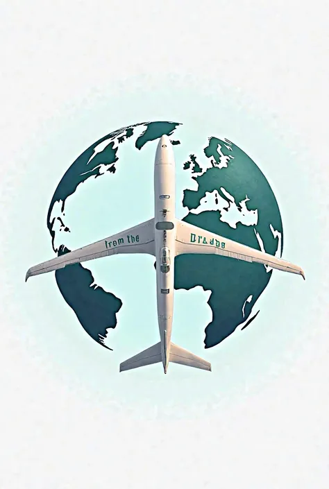 Create a logo of a world and that world is surrounded by an airplane and in the middle of the world it says "From the outside saladillo"