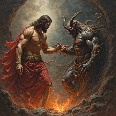 Muscular Jesus taking the keys to hell from Satan 