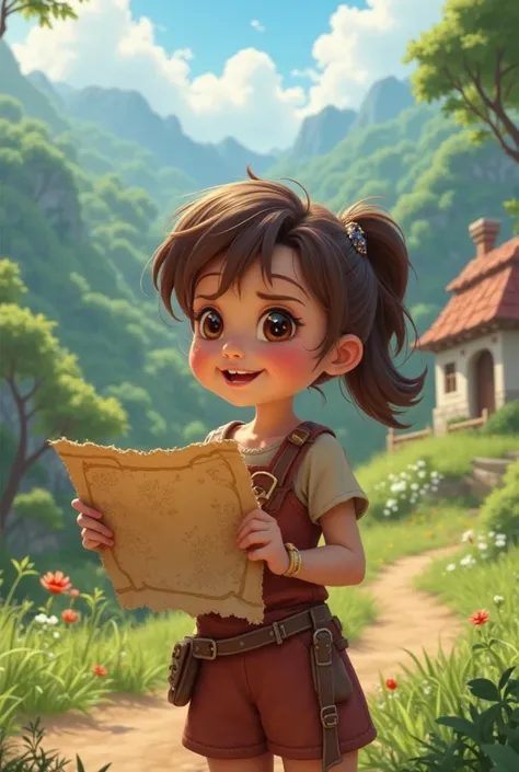 "A  brave and enthusiastic girl named Tinky, standing near her small village with an ancient map in her hand, looking excited and ready for an adventure. The village is surrounded by lush green hills and a mystical forest in the background."