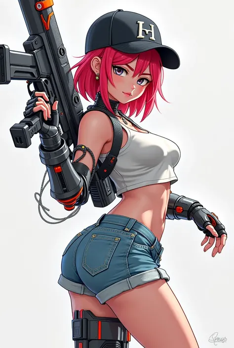 Imagine a girl with casual clothes, denim shorts, a tank top, she has red hair, wears a black hat, she has some robotic parts. Anime style digital art The character is holding a technological firearm 