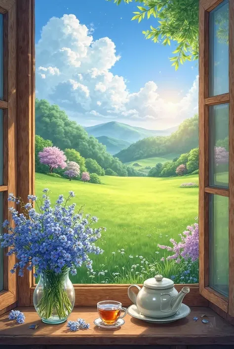 View from the window of a green field , wrapped in wildflowers . Wooden windows , There is a vase of blue wildflowers on the windowsill. There is also a transparent teapot and a beautiful transparent mug of hot tea. Sakuras are lined up on the sides of the...