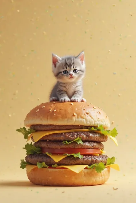 A small cute baby cat sitting on huge size burger 