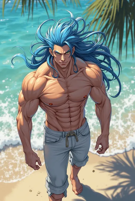 Blue and gold long hair muscular man anime style naked hold dick beach anime style