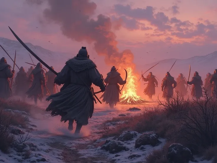 Duck runs to the burning fire, where others have already clashed with enemies. The Mongols are screaming, their curved sabers sparkle in the light of the burning fire. On the ground, the signs of struggle: scattered weapons,  traces of blood . In the backg...