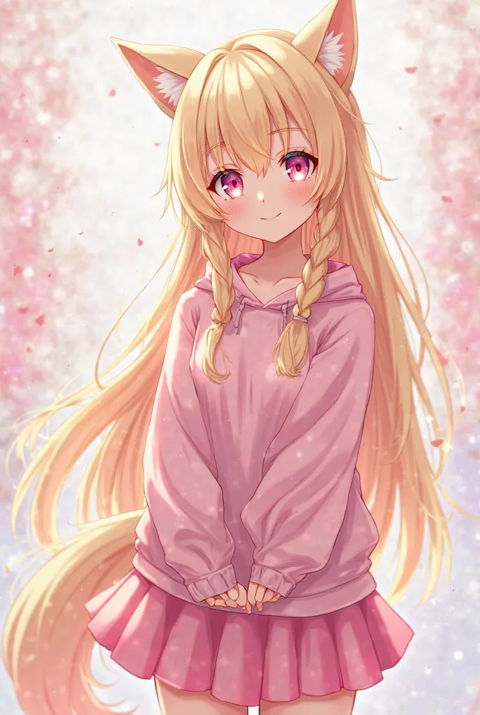 Anime cute wolf girl with light pink eyes and long blond  hair look straight ahead With a little smile with pink skirt and pink Hoodie And a pink background 