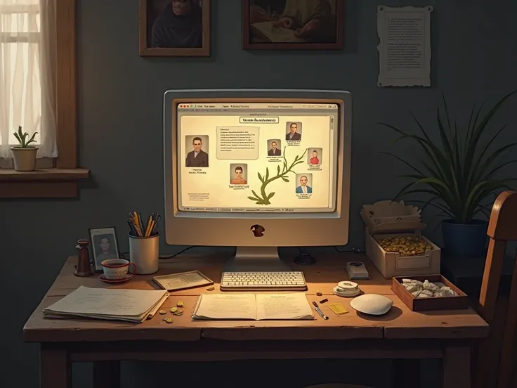  simulator on a computer , which depicts a family tree. On the table are old photographs and documents.  style: digital art with an emphasis on light and shadow.