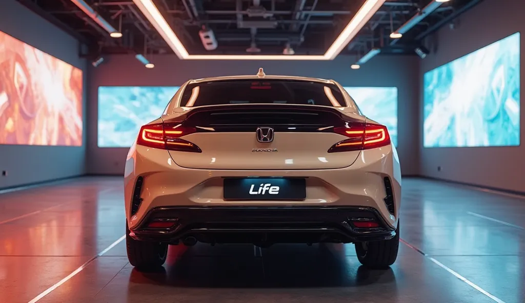 A 2025 Honda Life in Caramel Creme color, displayed in a luxury digital showroom. The car is positioned for a stunning 4K rear view, showcasing its modern taillights, sleek rear design, and stylish bumper. The showroom features ambient lighting, a futurist...