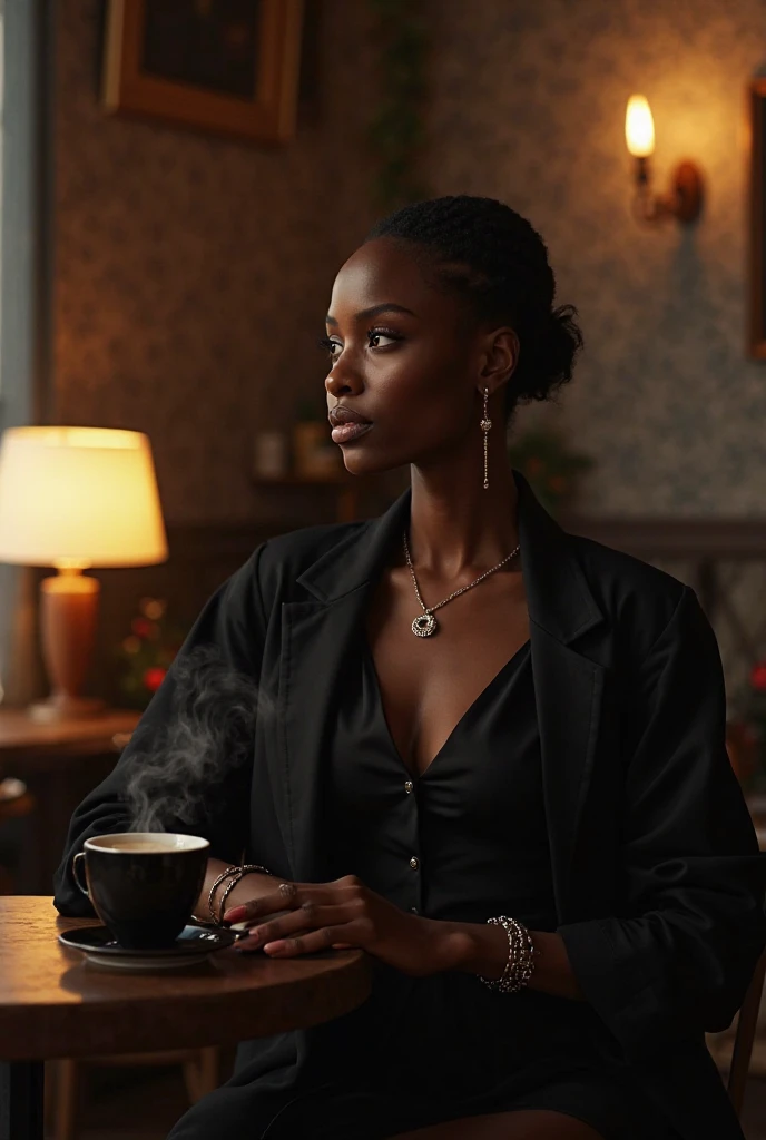 An elegant black woman dressed in black in a coffee shop 