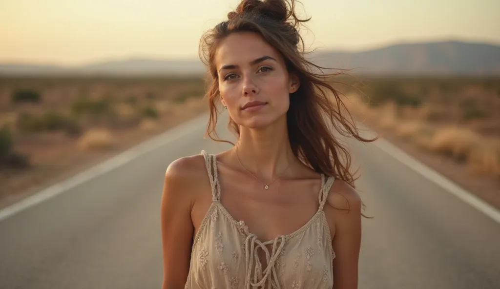 A 26-year-old woman.  she has long hair, brown and slightly wavy, partially tied with a bun,  she has brown eyes. She wears a sleeveless beige blouse with a rustic style and ripped jeans. She has a light and serene expression, in the background of a desert...