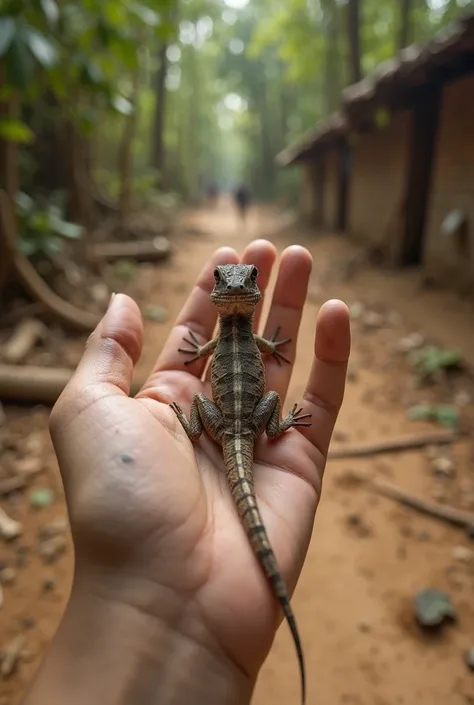 "A first-person perspective of a 15-year-old boy holding a small lizard in his hand. The viewer can see the fingers gripping the lizard gently, with the creature's tail hanging down. The lizard is small, with rough, scaly skin, its eyes focused ahead. The ...