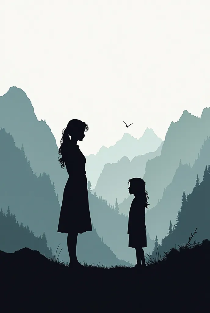 Silhouette of female teacher with age girl with mountain range in background