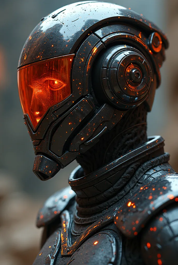 a close up of a person wearing a helmet and a helmet, concept art inspired by Android Jones, trending on cg society, afrofuturism, apex legends armor, futuristic clothing and helmet, style of starfinder, black fire color reflected armor, in a dark space me...