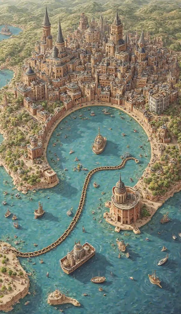 Caesar What would this map look like?

1. Gulf of Golden Horn:

Show a canal or sea bay, passing through one side of the city.

There must be a huge chain (Chain) at the entrance to this bay, floating above the water.

Connect the two ends of the chain to ...