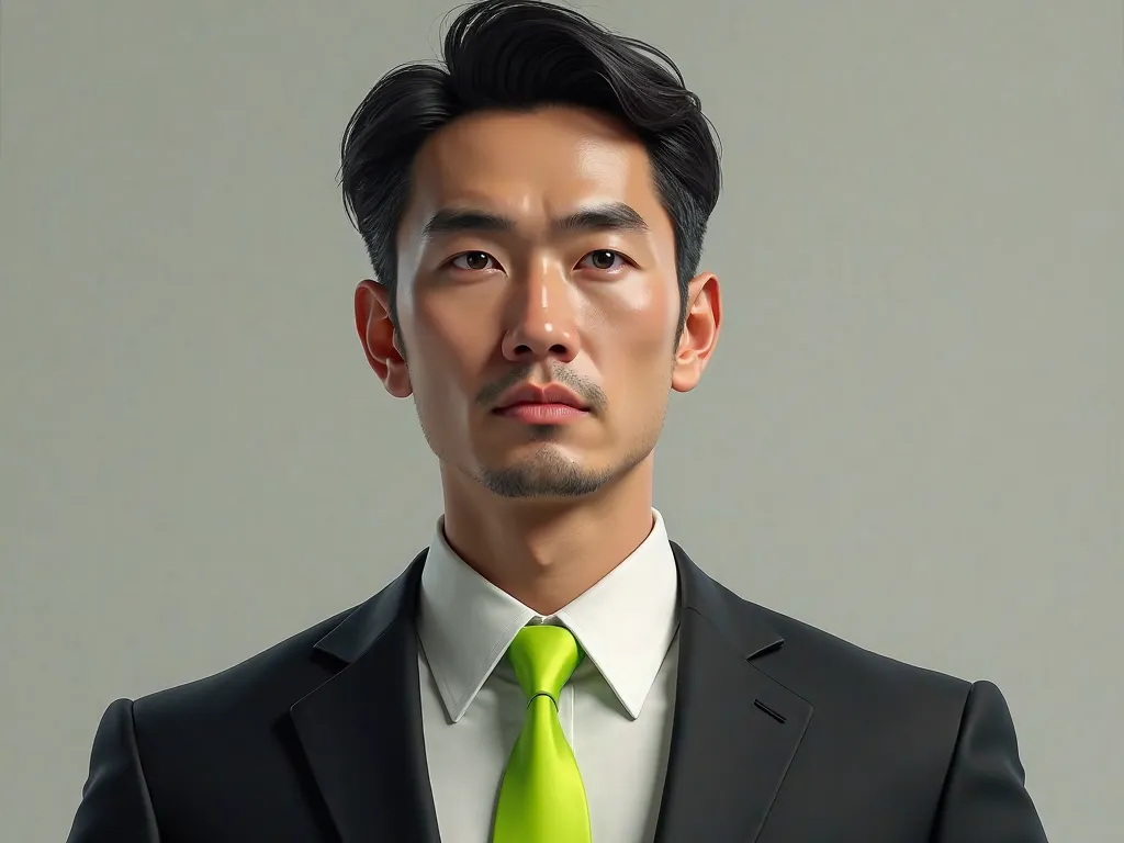 realistic bust image, man in a black suit and white shirt underneath, He's wearing a neon green tie