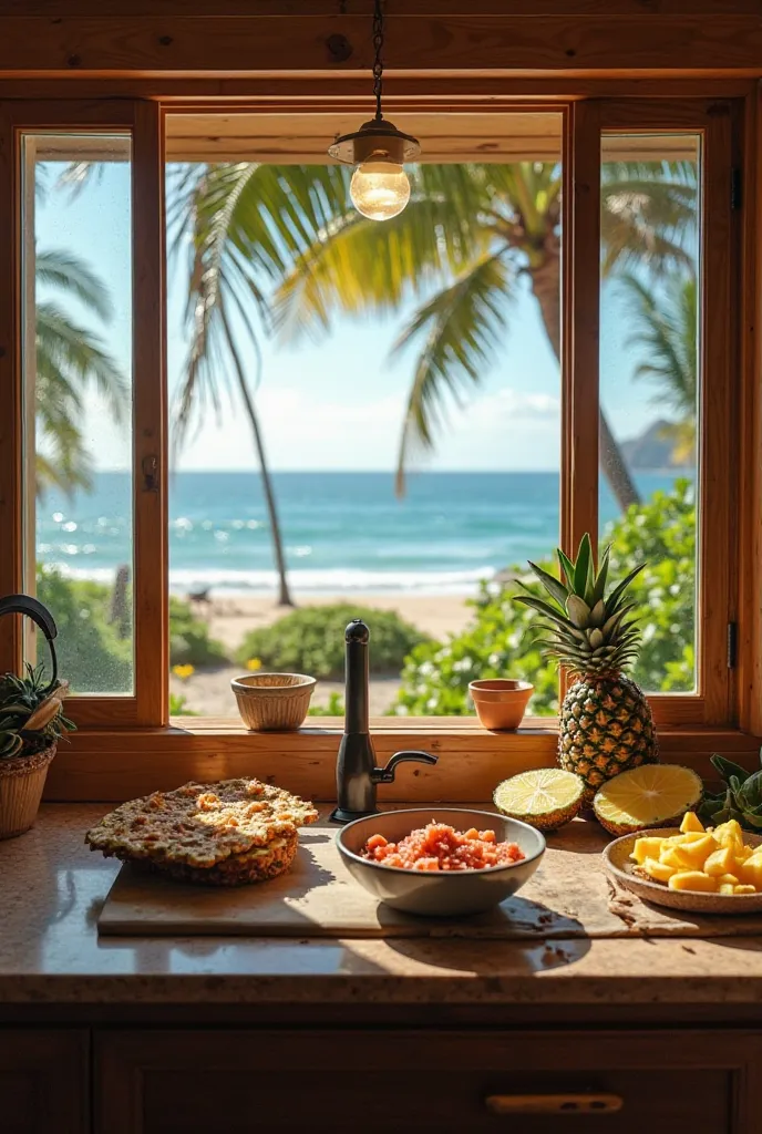 A cinematic first-person view from the kitchen of a Hawaiian beach house, preparing fresh pineapple and poke while gazing through large open windows at swaying palm trees and the shimmering ocean in the distanc