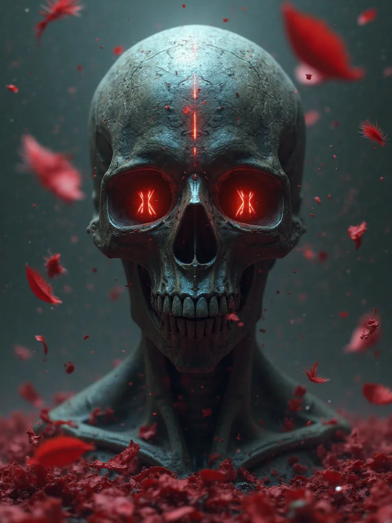 A face of a death skull futuristic style with rays, with a dark background and falling red petals and feathers, with the letters PK on the head of the skull 