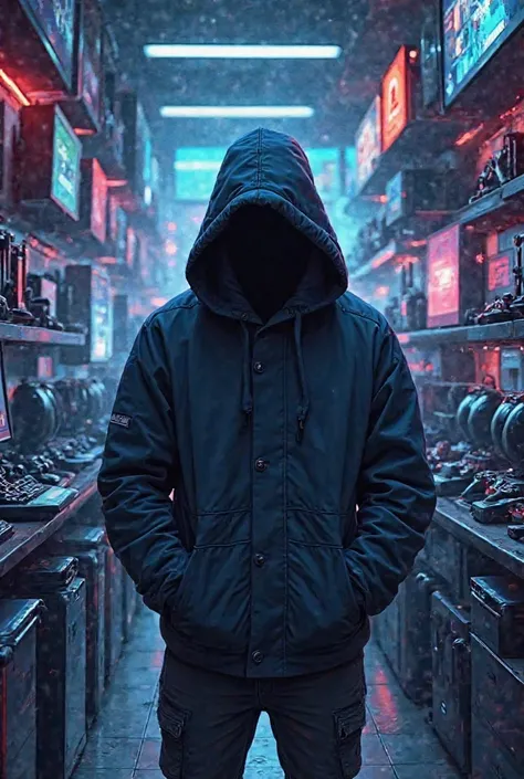 Man in a mysterious hoodie, and store with consoles around him. For gamer advertising