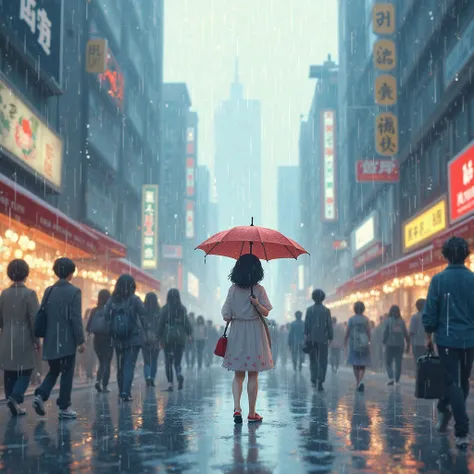 One Fine rainy day female character walking through the crowd with an umbrella in anime concept 