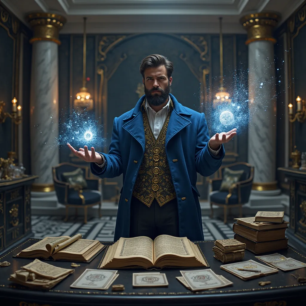 In a luxurious study room inside a grand black and white themed mansion, a 30-year-old brown man stands out in the center of the scene. Charismatic and self-confident, he wears an elegant blue coat adorned with gold details, contrasting with the monochrome...