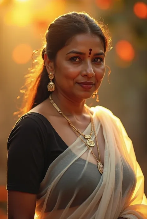 A mesmerizing close-up portrait of a gorgeous little bird illuminated by the soft, golden light of a tranquil morning, with vibrant bokeh balls gently framing its delicate form.photo of Voluptuous Mature Indian Aunty with dusky skin, wearing Transparent wh...