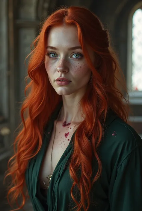 Create an image of Loki's daughter who is a woman of striking beauty and unique features. Her long, red hair falls in soft waves down her back, like a river of fire. Her blue eyes shine with a mysterious intensity, as if they were hiding secrets from the u...