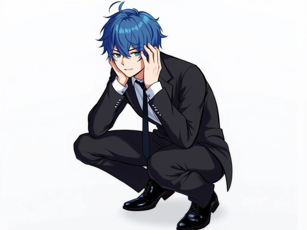  masterpiece, top quality, amazing quality, without speech bubbles very aesthetic, high resolution, recent, Ultra-precision, 1 man,  blue hair,  blue eyes동자,  black suit,  black tie, white shirt, very delicate eyes , ( blue eyes:1.2),  blue eyes동자, Black c...