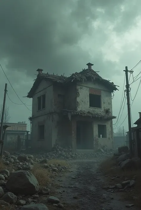 A typical damaged house in a Palestinian war zone, very realistic, finest details, very natural, cinematic, dark, cloudy, foggy atmosphere