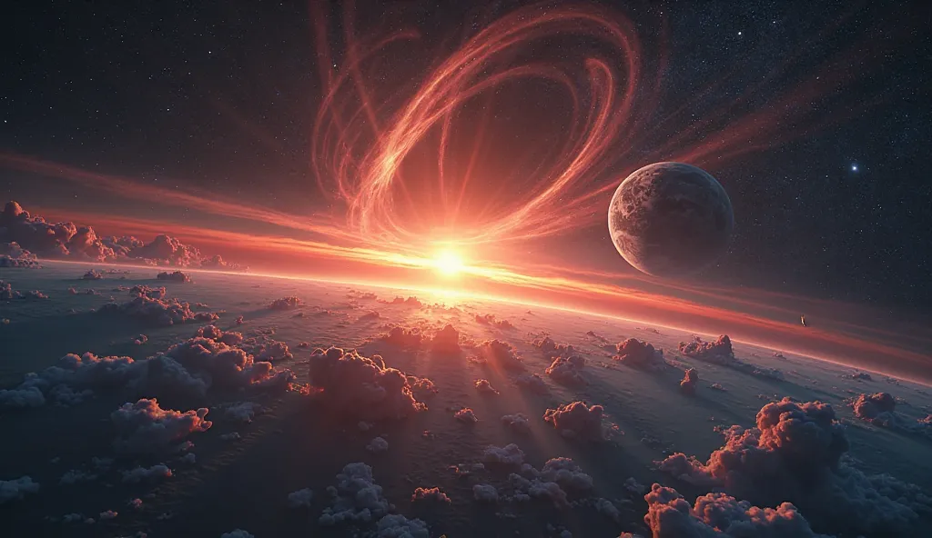 Ultra high resolution; hyper realistic; cinematic lighting; Goergeous outer space photo with a planet in the distance and a sunset seen from space; borealis lights and some debrie can be seen