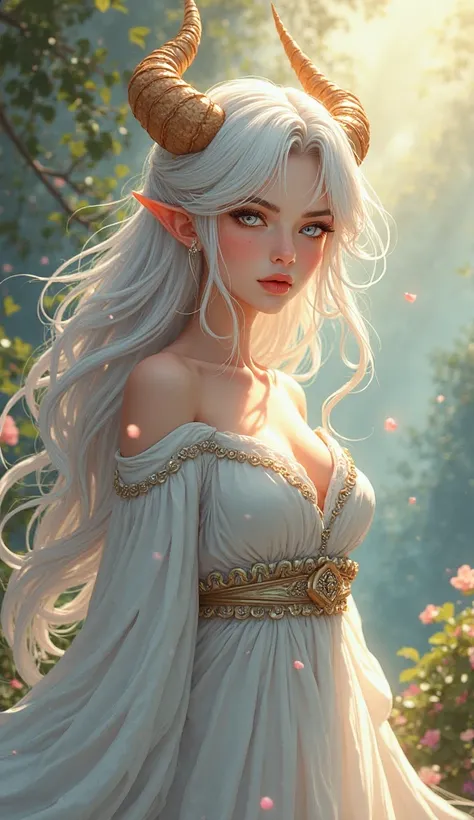 A white hair dragon woman. Wearing white robe Greece goddess dress.
High Resolution, Breasts, Long Hair, Horns, Pointy Ears, Sidelocks, Large breasts, Heterochromia, Character Design, Anime Style, 