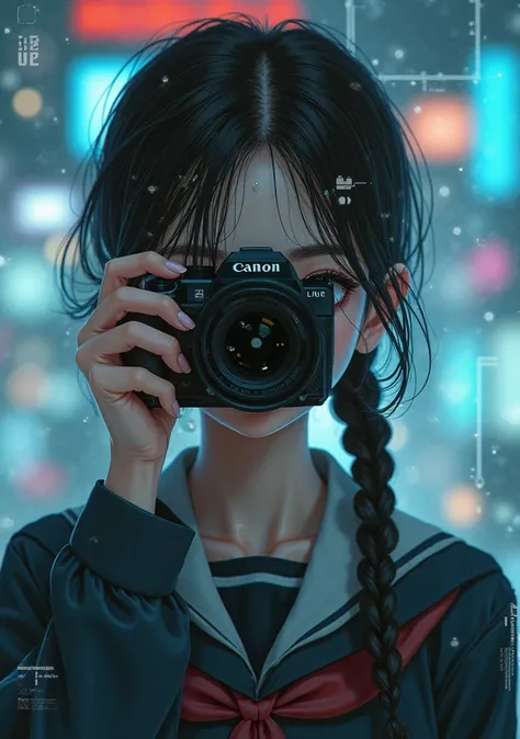 The camera on the left shows an 18-year-old girl in a school dress, braided, holding a camera working in front of her face, her face, her face fixed with electronic devices.