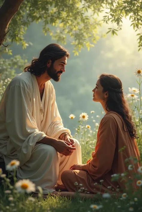 Create a real image of Jesus talking to a , one seated in a beautiful place.