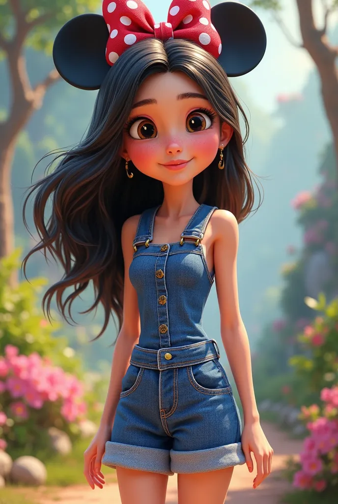 Create animated cartoon of the character Snow White dressed in denim jumpsuits and using the ears and bow of the character Minie