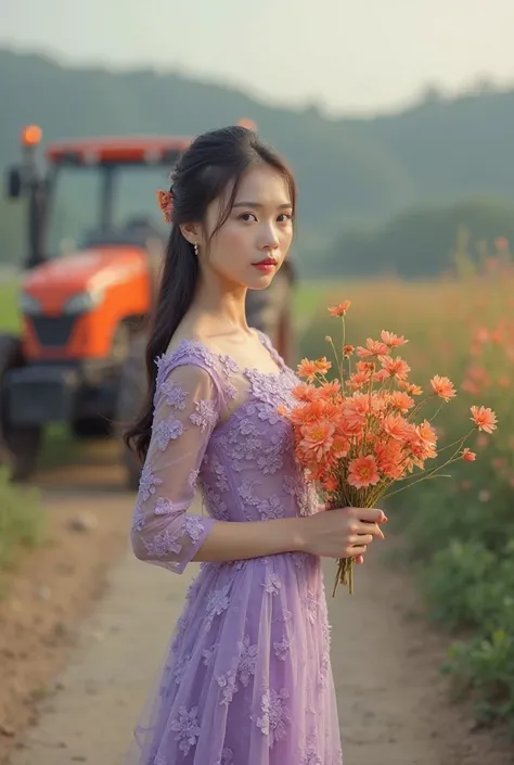 a young beautiful Myanmar woman,On the road where  KUBOTAM9540 tractor orange color abeautiful woman in a light purple Burmese lace dress with  orange cherry flowers on her hand