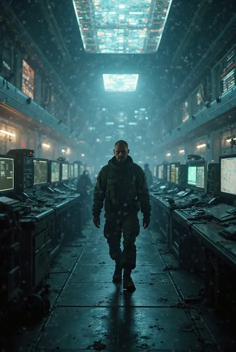 The scene opens with the protagonist waking up in a dimly lit, high-tech war room. The sound of distant sirens and radio chatter fills the air.