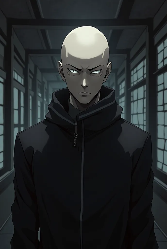 avatar, on Counter strike.  Anime style. Dark white image,   outside the windows with very short hair, white eyes. Male character ALMOST NO HAIR, THE CHARACTER IS ALMOST BALD