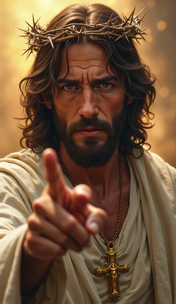 A hyper-realistic digital painting of Jesus Christ, portrayed with deep emotion and intensity. His sorrowful yet compassionate eyes are filled with tears, streaming down his cheeks, reflecting both suffering and divine love. His face is framed by wavy, sho...