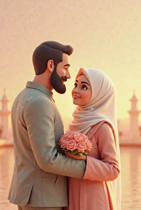 Create 3d semi cartoon image of muslim couple in love 