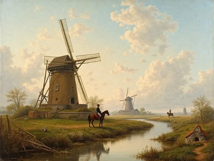 Image of a windmill in a landscape with a man on horseback, by Jacob van Ruysdael, dutch landscape , realism, dutch landscape , Dutch painting, Dutch Golden Age, A Dutch masterpiece , Dutch painting,  romantic landscape 