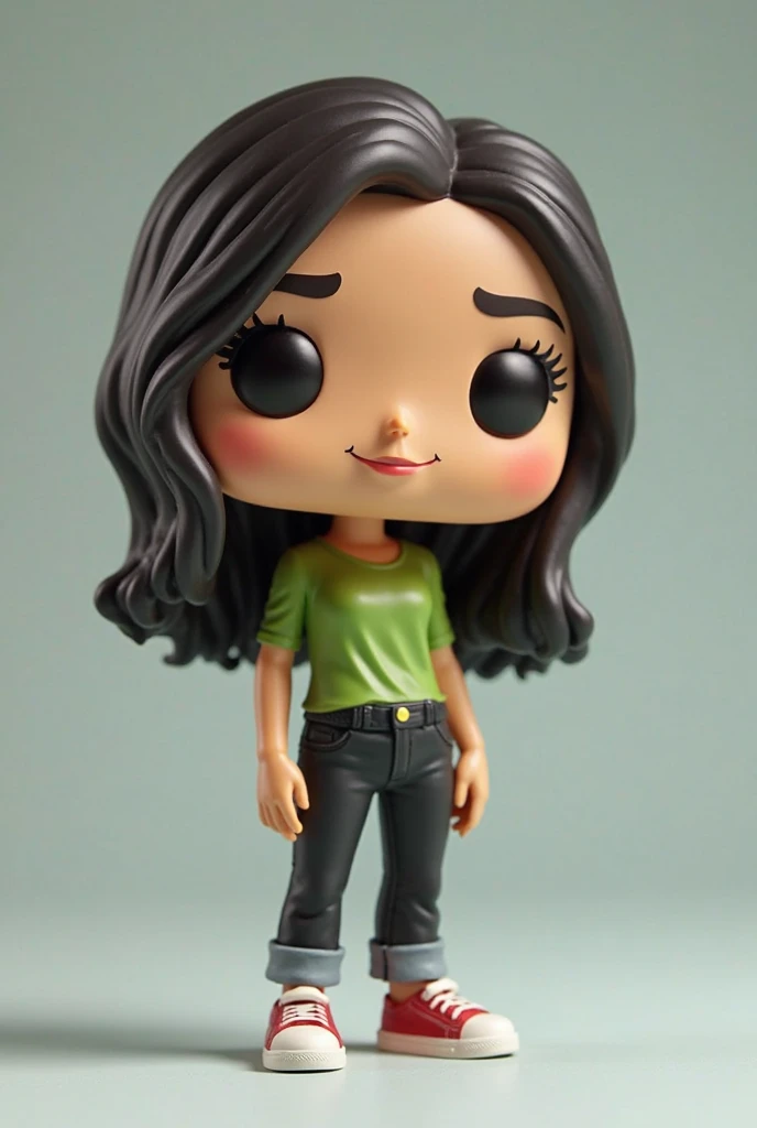 A funko pop of a girl Long black hair and black jeans and green top