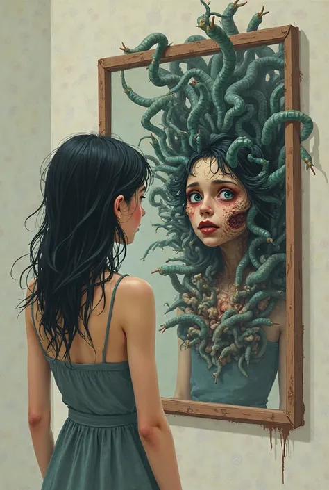 animated illustration of an adult girl looks in the mirror and first she looks normal then she sees herself again and then she sees a fat monster full of worms and ugly things, 