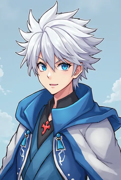 Make a age male character in the style of the anime The Seven Deadly Sins for me with a design similar to that of Jack Frost, white hair and blue eyes, with kung fu outfits with blue and white colors and has a friendly face.