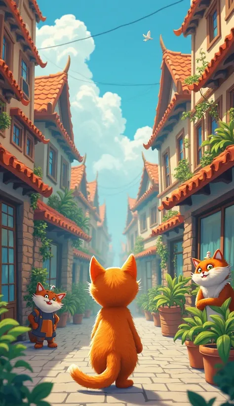  2: The Outer World
** Description :** The orange cat exploring a vibrant animal city, filled with other animals in daily activities.  He seems curious and lively , but a shadow of loneliness passes through your eyes as you observe other cats playing toget...