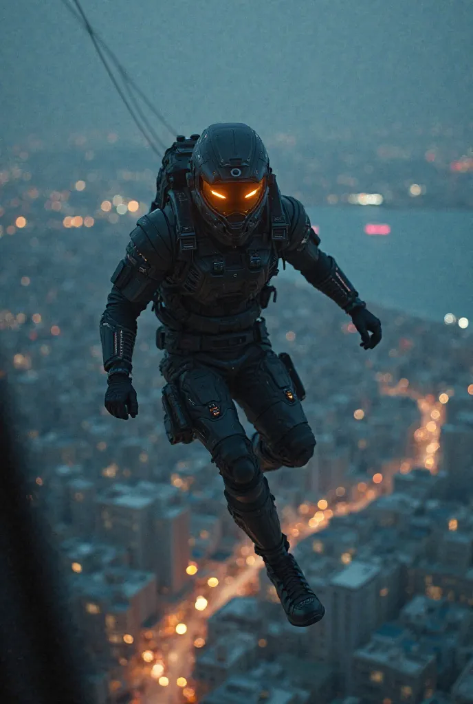 The protagonist jumps off a dropship, descending towards a coastal city under cover of night. The visor highlights security drones and patrol units.