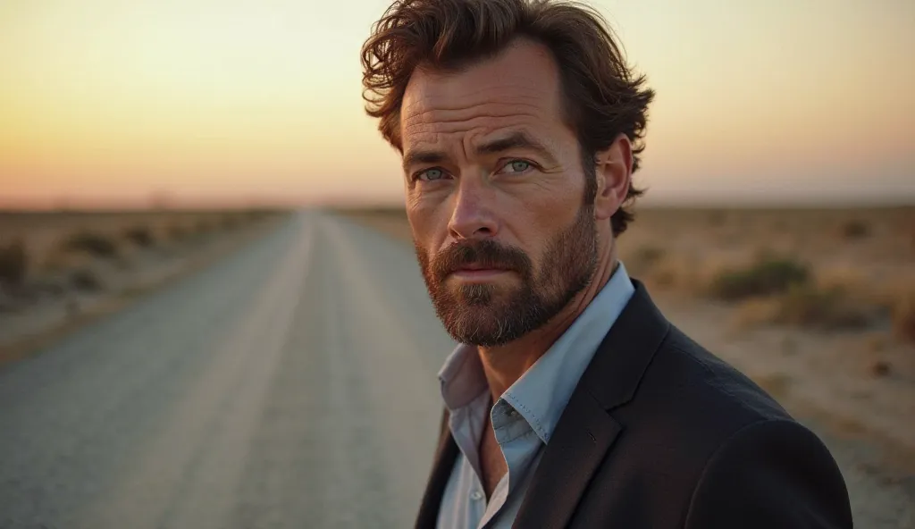 a 32-year-old man,  She has wavy brown hair , blue eyes and a well-groomed beard. He wears a dark suit with a light shirt. His expression is serious and thoughtful. In the background a deserted road in the late afternoon
