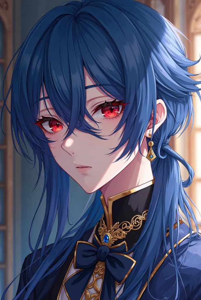 A luxurious anime guy with sharp, dark red eyes and long blue hair covering his right eye is wearing a indigo ribbon .He has white skin and wears all the fictional Nilotic clothes, including a luxurious school dress. 
