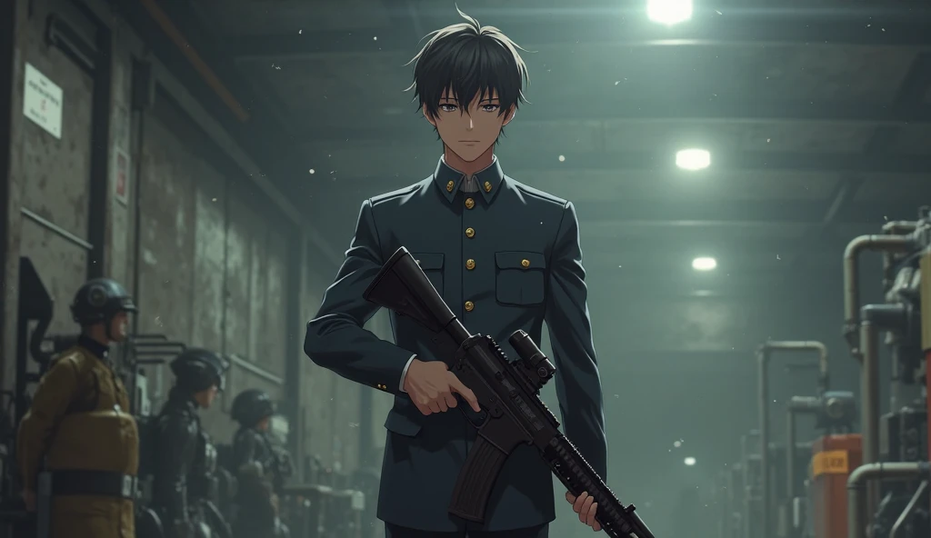 1boy, Solo, High Resolution, Looking at viewer, military uniform, holding gun, range, Closed Eyes, Anime, Caustics, 