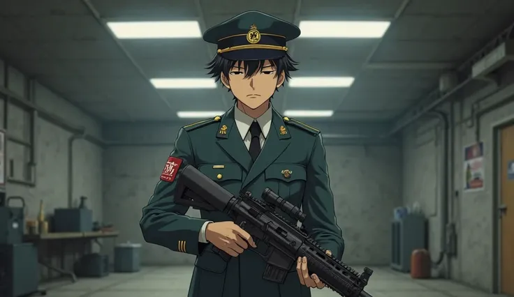 1boy, Solo, High Resolution, Looking at viewer, military uniform, holding gun, range, Closed Eyes, Anime, Caustics, 