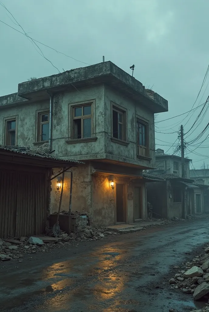 A typical Palestinian mansion on a typical Palestinian war zone shopping street, very realistic, finest details, very natural, cinematic, dark, cloudy, foggy atmosphere, the house was slightly destroyed in the roof 