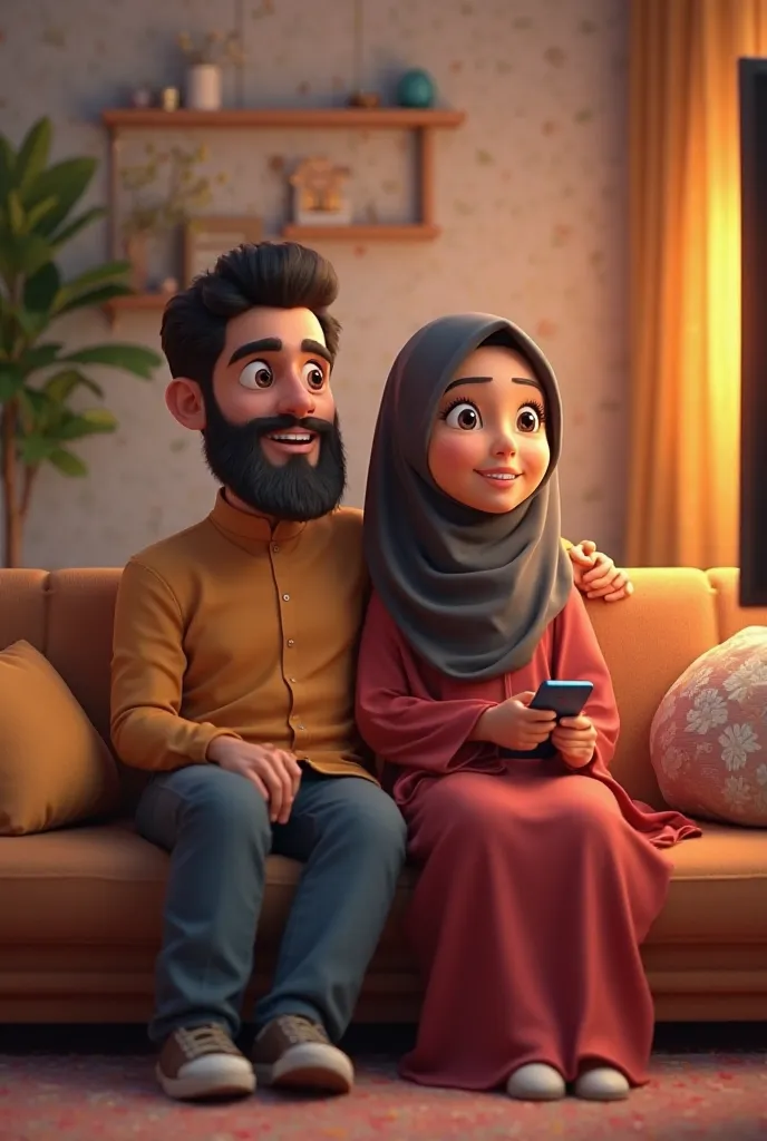 Create 3d semi cartoon image of muslim black skin couple sat watching tv 